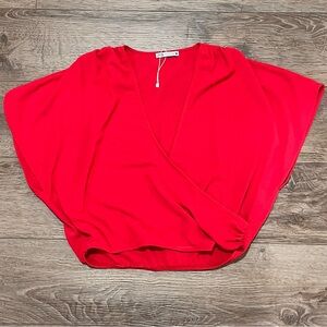 Zara Women's Vibrant Red Short Sleeve, Mock Wrap, Crop Top Blouse